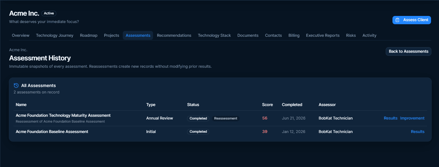 StackScore assessment history showing immutable assessment records and reassessment tracking