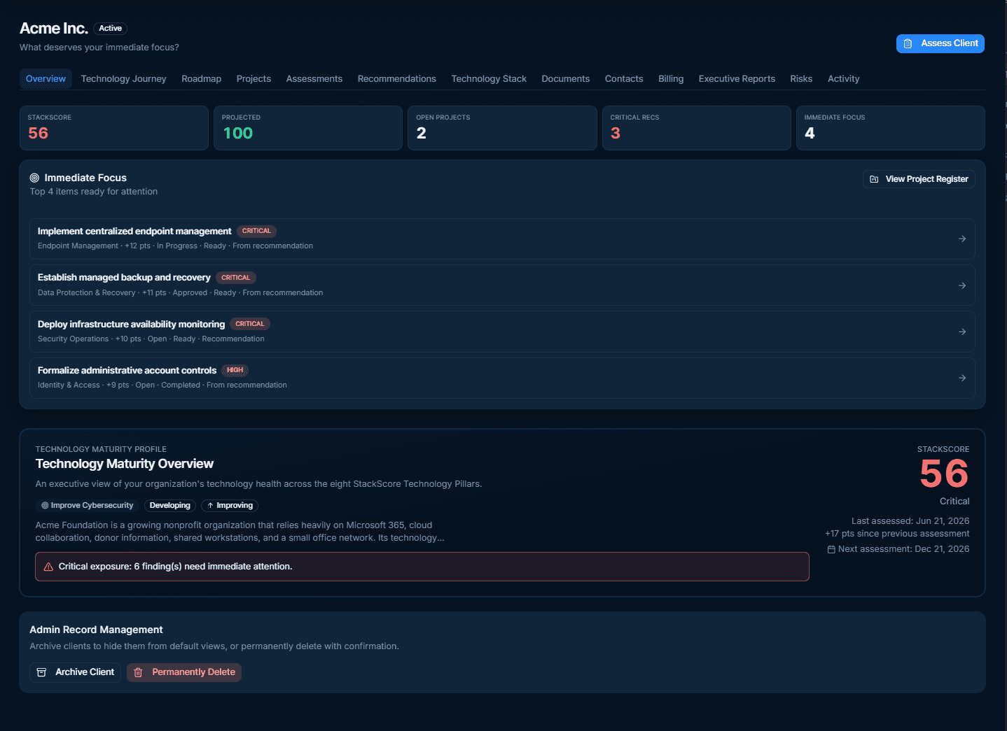 StackScore client overview dashboard showing score, immediate focus, projected score, and technology maturity overview.