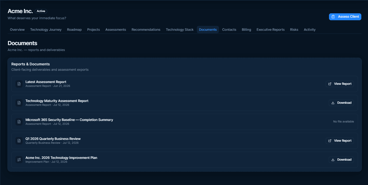 StackScore documents workspace showing assessment reports, quarterly reviews, improvement plans, and downloadable deliverables