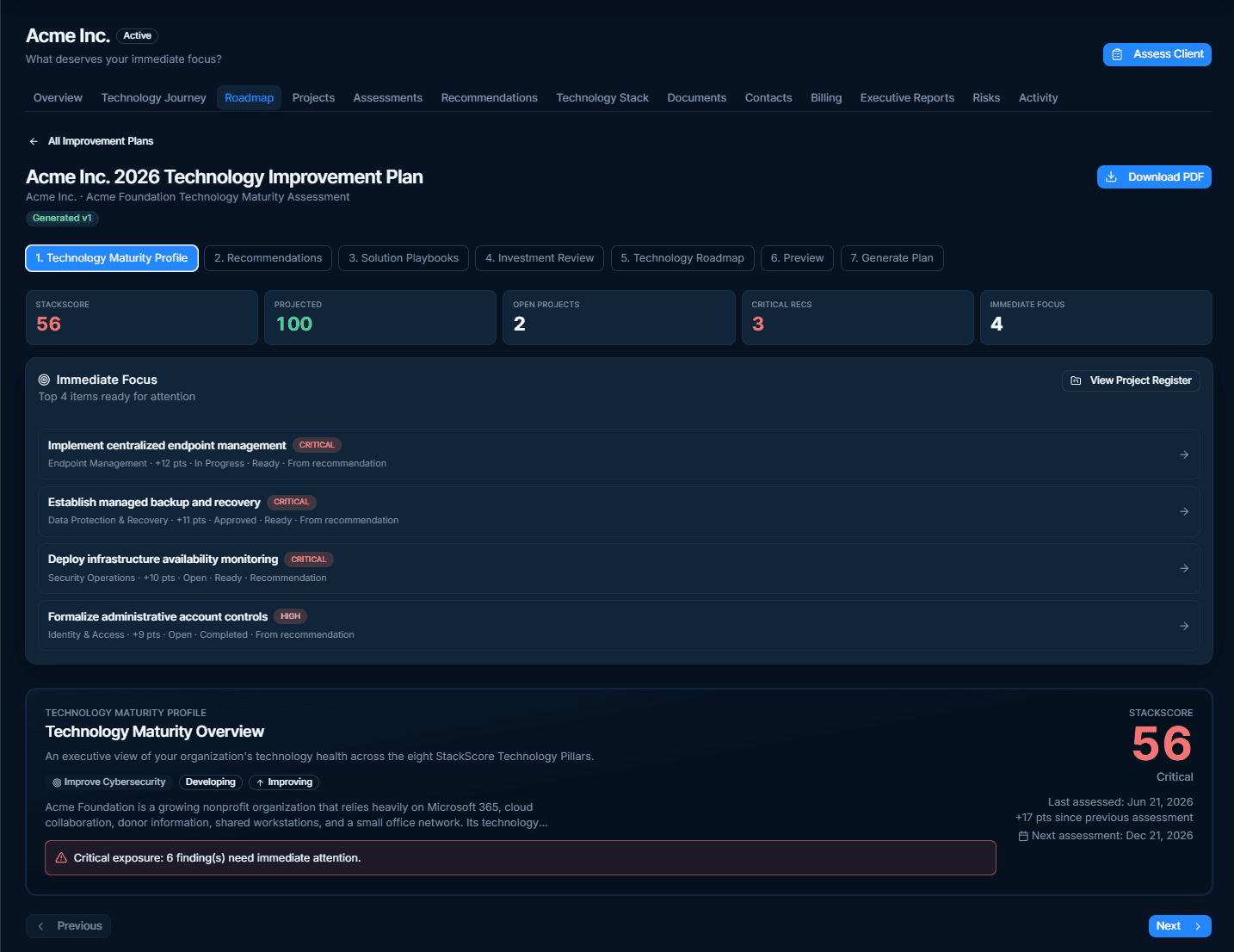 StackScore improvement plan maturity profile showing current score, projected score, immediate focus items, and profile overview