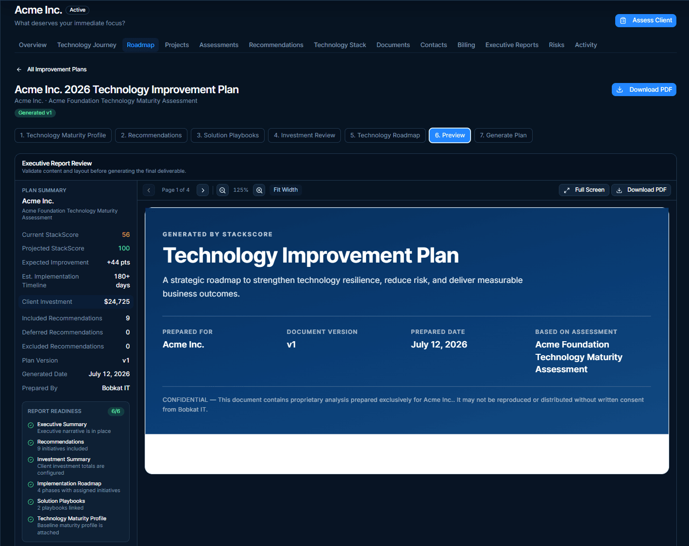 StackScore executive report preview showing a technology improvement plan PDF inside the client workspace