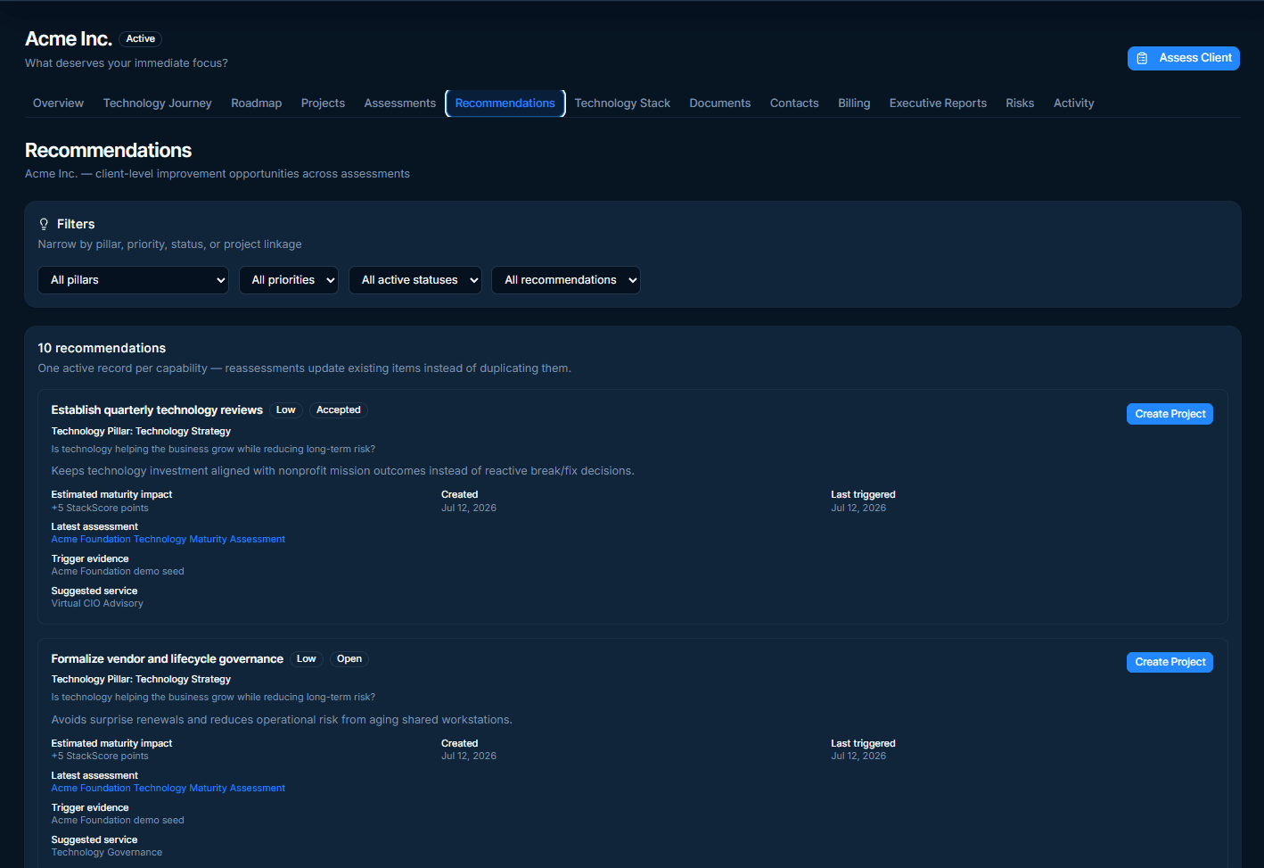 StackScore recommendations workspace showing prioritized recommendations with maturity impact and create project actions